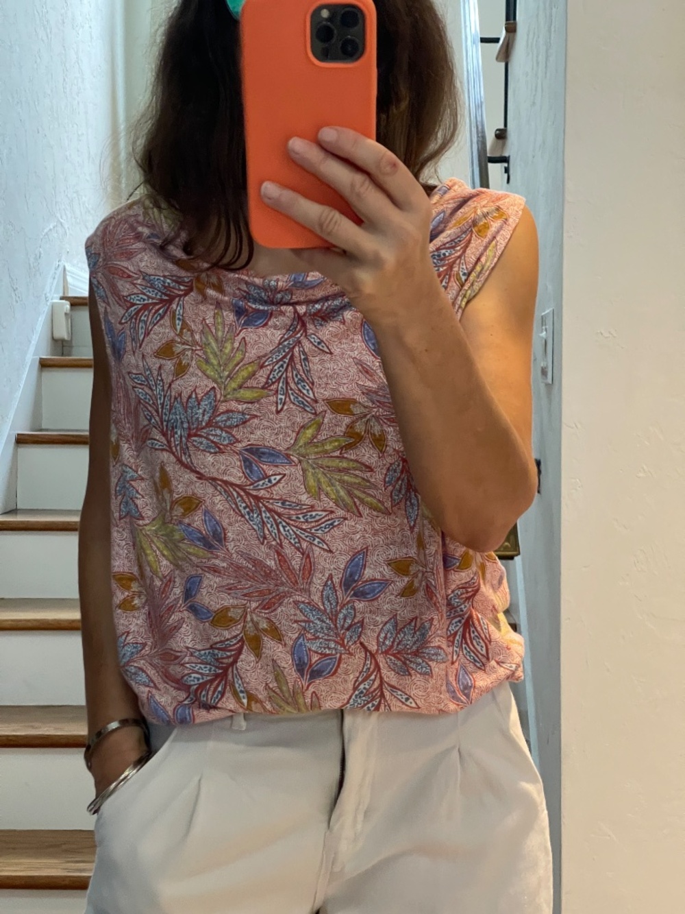 Nicole Miller linen waterfall neck floral pink blue tank top women M